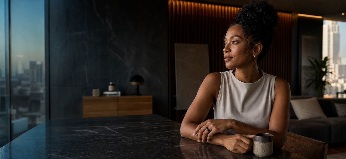 Black woman wearing a subtle matte-black smart ring in a premium modern home