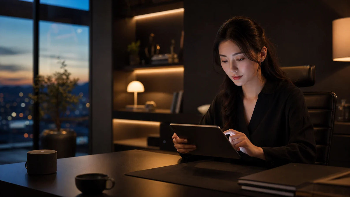 East Asian woman in a connected modern office for Smart Tech