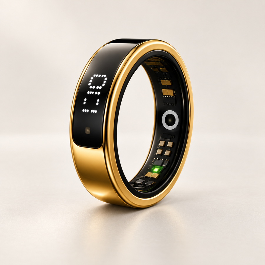 Aura Touch Smart Ring in gold, three-quarter studio view