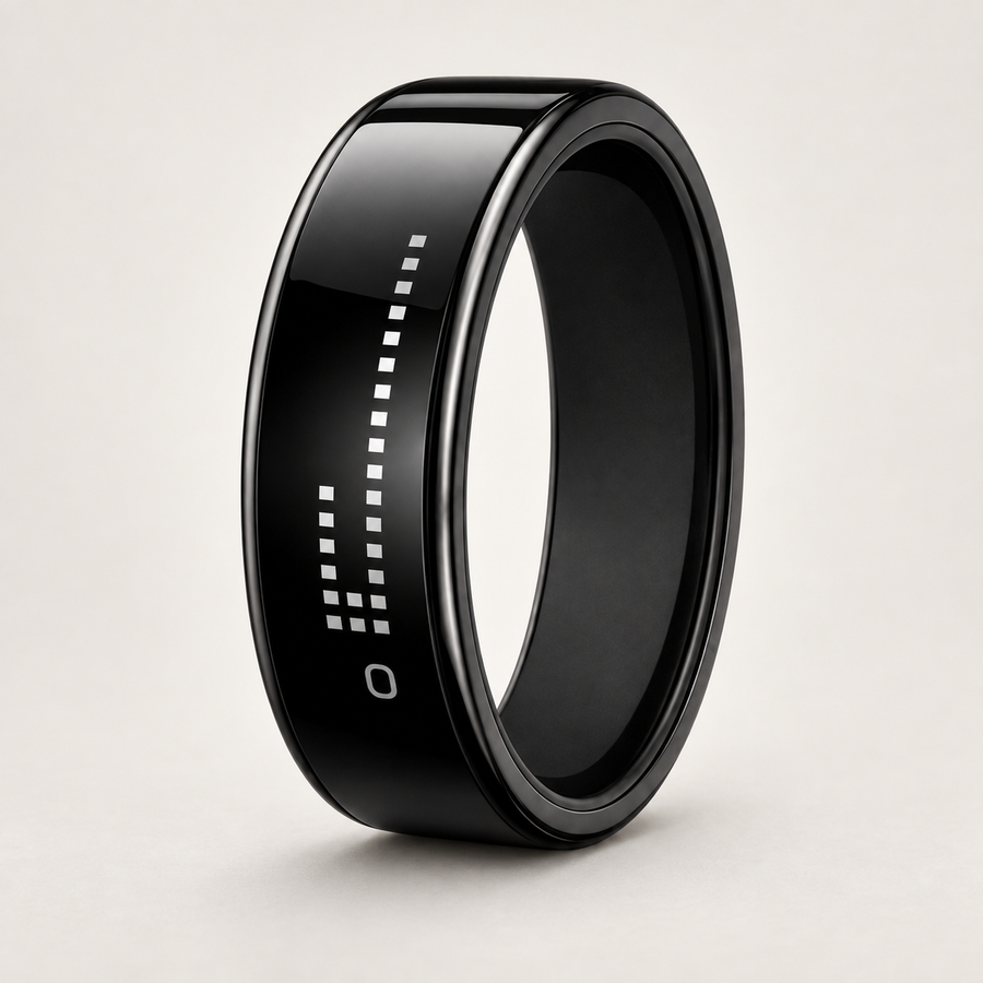 Pulse Display Smart Ring front three-quarter view in a warm studio setting