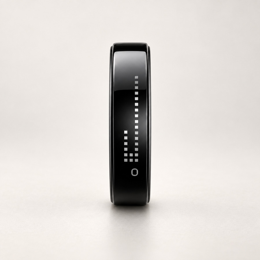 Pulse Display Smart Ring side profile view in a warm studio setting