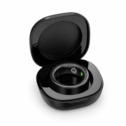 Vital Track Smart Ring seated in its open black charging case