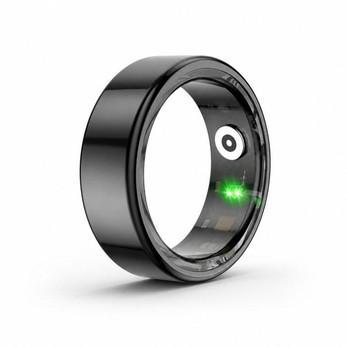 Dark-finish Vital Track Smart Ring front three-quarter view on white